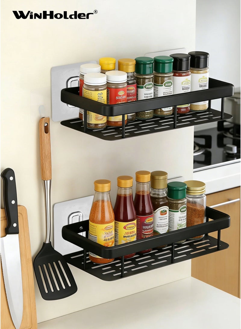 وين هولدر رف حمام علبة دش 【إصدار مطور سميك】، رف حمام أسود لاصق للاستحمام، منظم دش مثبت على الحائط بدون حفر، سلة مقاومة للصدأ للحمام، المرحاض، المطبخ (2 عبوة) - Image 4